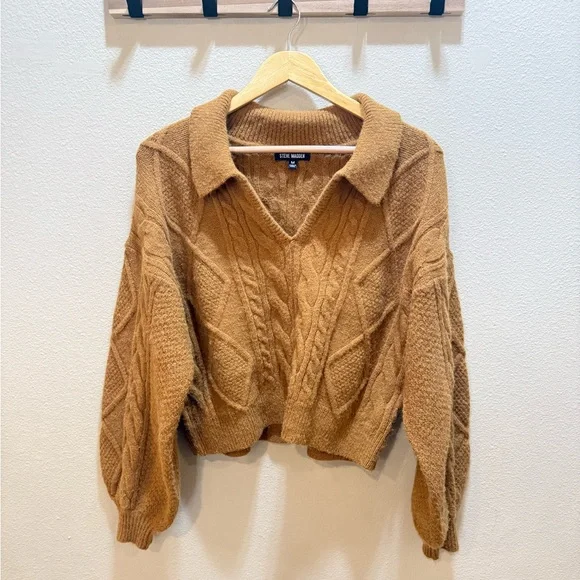 Steve Madden Women’s Knit Mustard Yellow Color Crop Sweater with Collar Size M - Picture 9 of 9